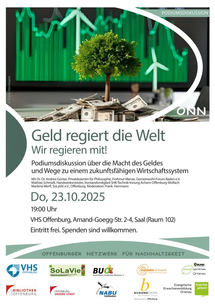 Werbeplakat zur Podiumsdiskussion „Geld regiert die Welt. Wir regieren mit!“